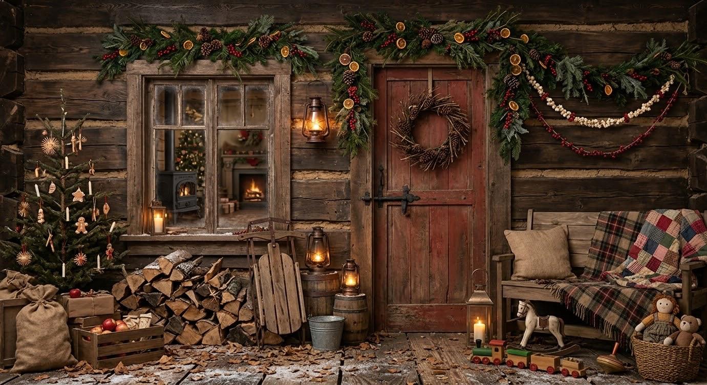 Il set di Natale 2026 dello studio: una baita di legno con la porta rossa, la finestra, la slitta e le lucine
